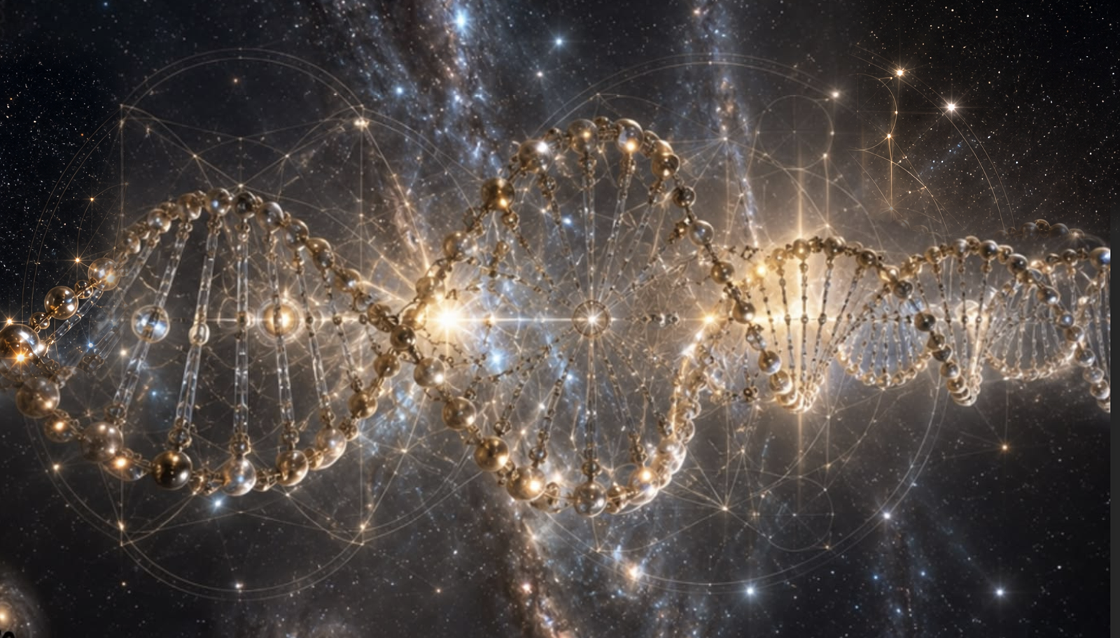 A golden double helix of light running through deep space