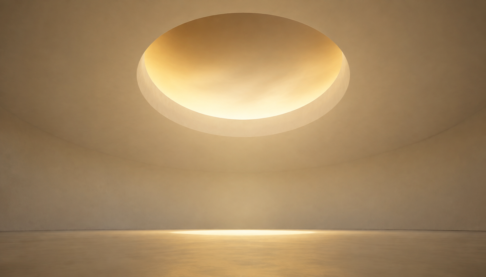 A circular opening of warm light in a vast ivory chamber