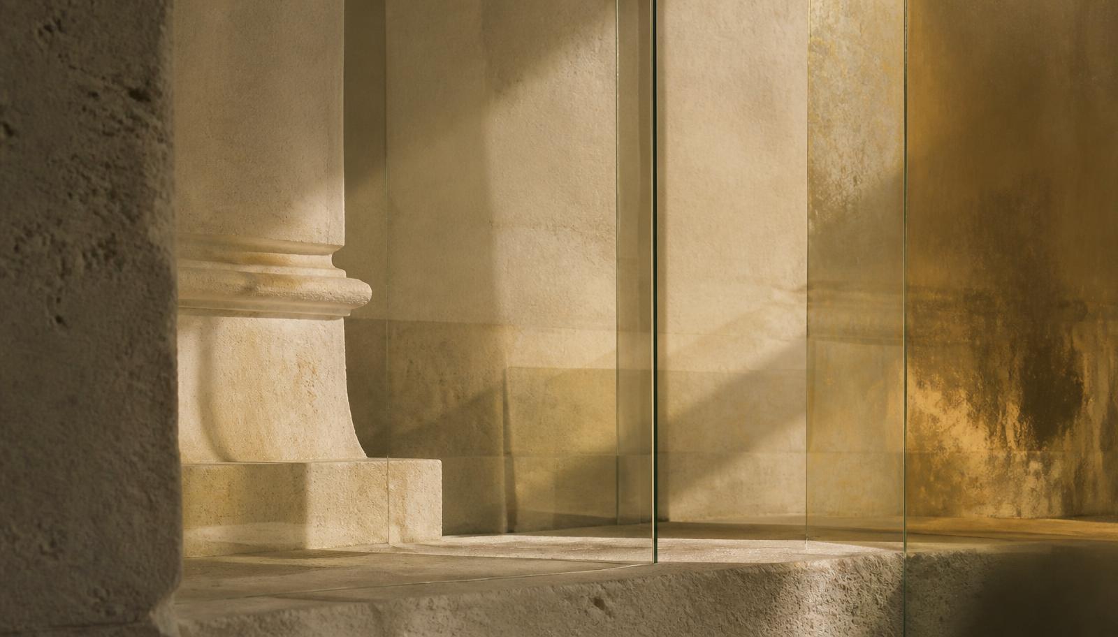 Ivory stone and glass in raking golden light
