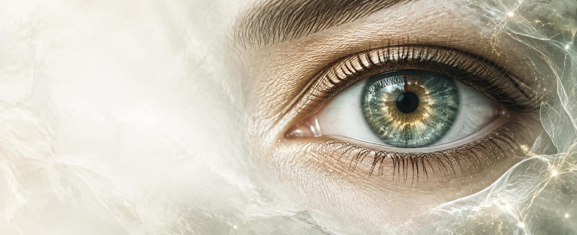 Symbolic mystical eye with a luminous gold and green iris and delicate celestial light